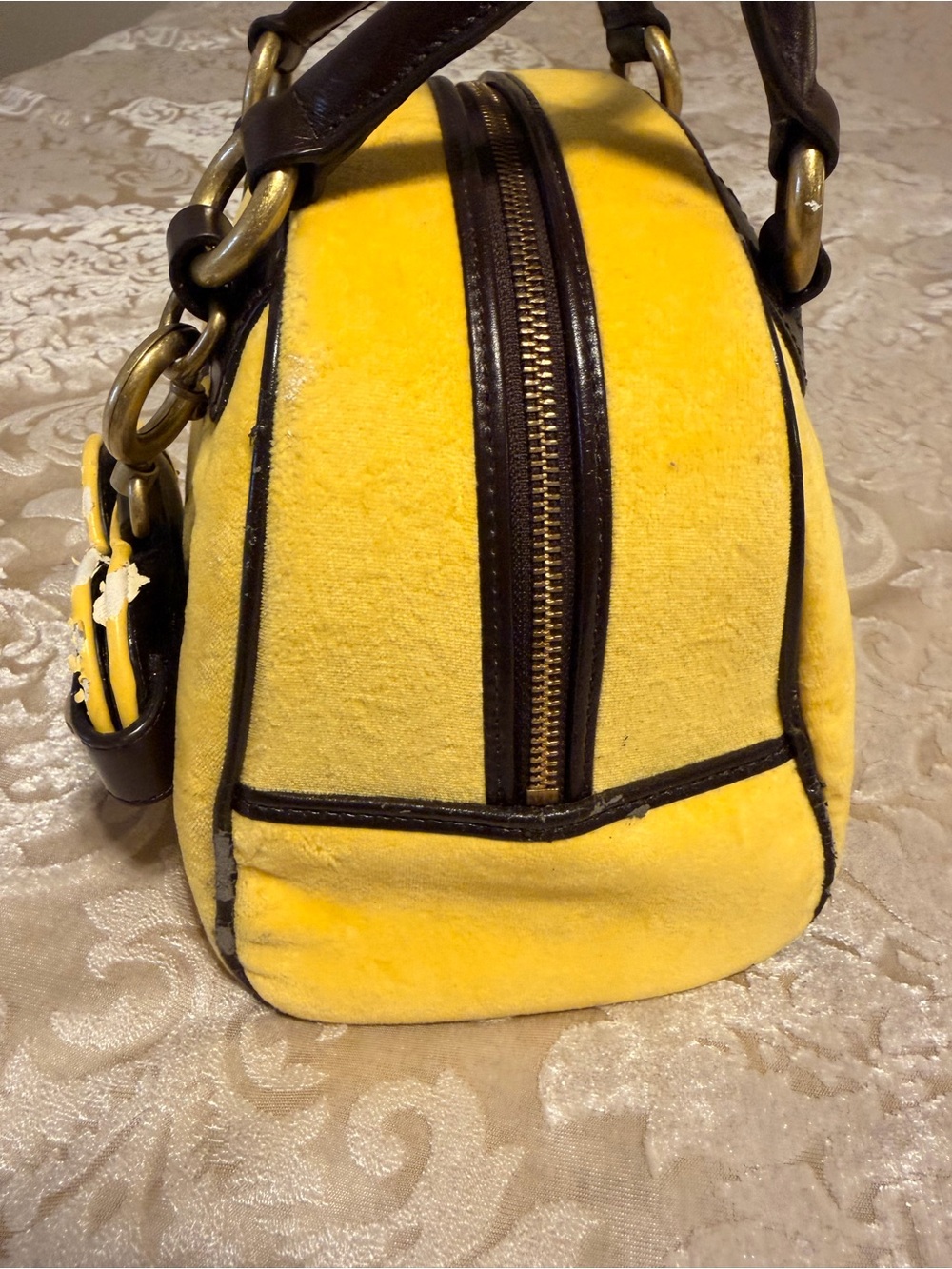 Juicy Couture Yellow Velvet Dome Satchel with Dark Brown Trim and Heart Charm - Picture 5 of 10
